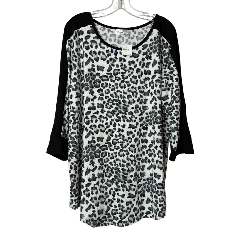 Stem & Vine Black White Leopard Print 3/4 Sleeve Tunic‎ Top Soft Women's 2X